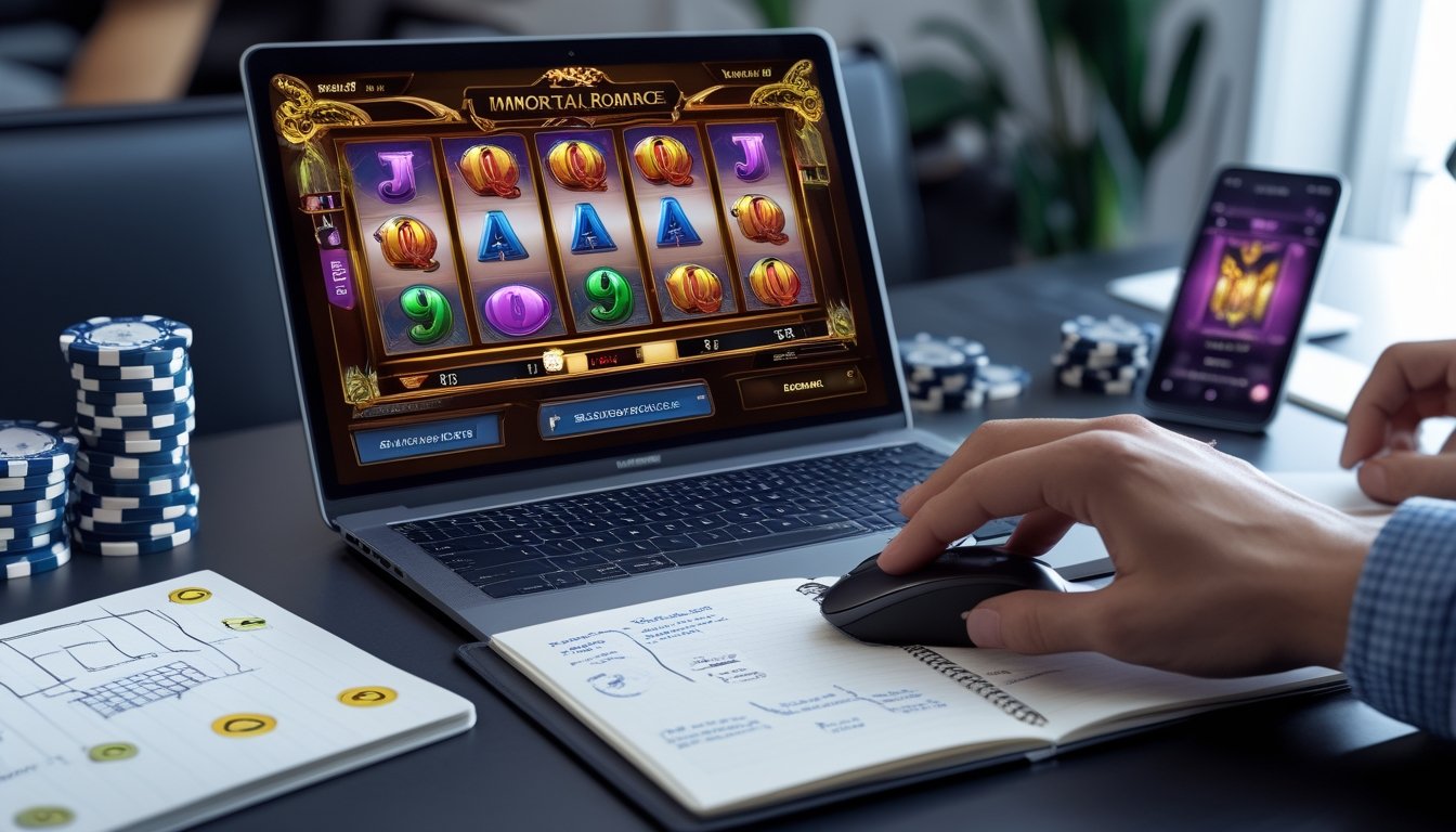 Meja kerja dengan laptop yang menampilkan permainan slot, buku catatan dengan grafik strategi, dan tangan seseorang menggunakan mouse.