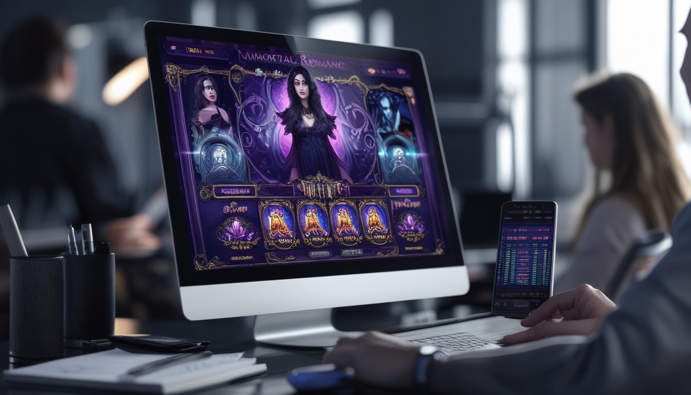 Seorang pemain sedang menggunakan komputer dengan permainan slot Immortal Romance di layar, dikelilingi oleh alat tulis dan ponsel yang menampilkan grafik strategi permainan.
