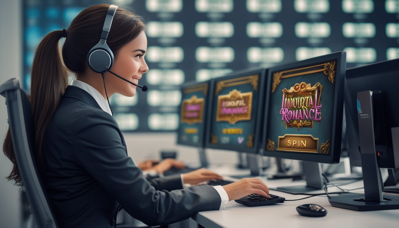 Seorang perwakilan layanan pelanggan yang ramah sedang bekerja di pusat layanan dengan beberapa layar komputer yang menampilkan permainan slot, di ruang kantor modern yang terang.