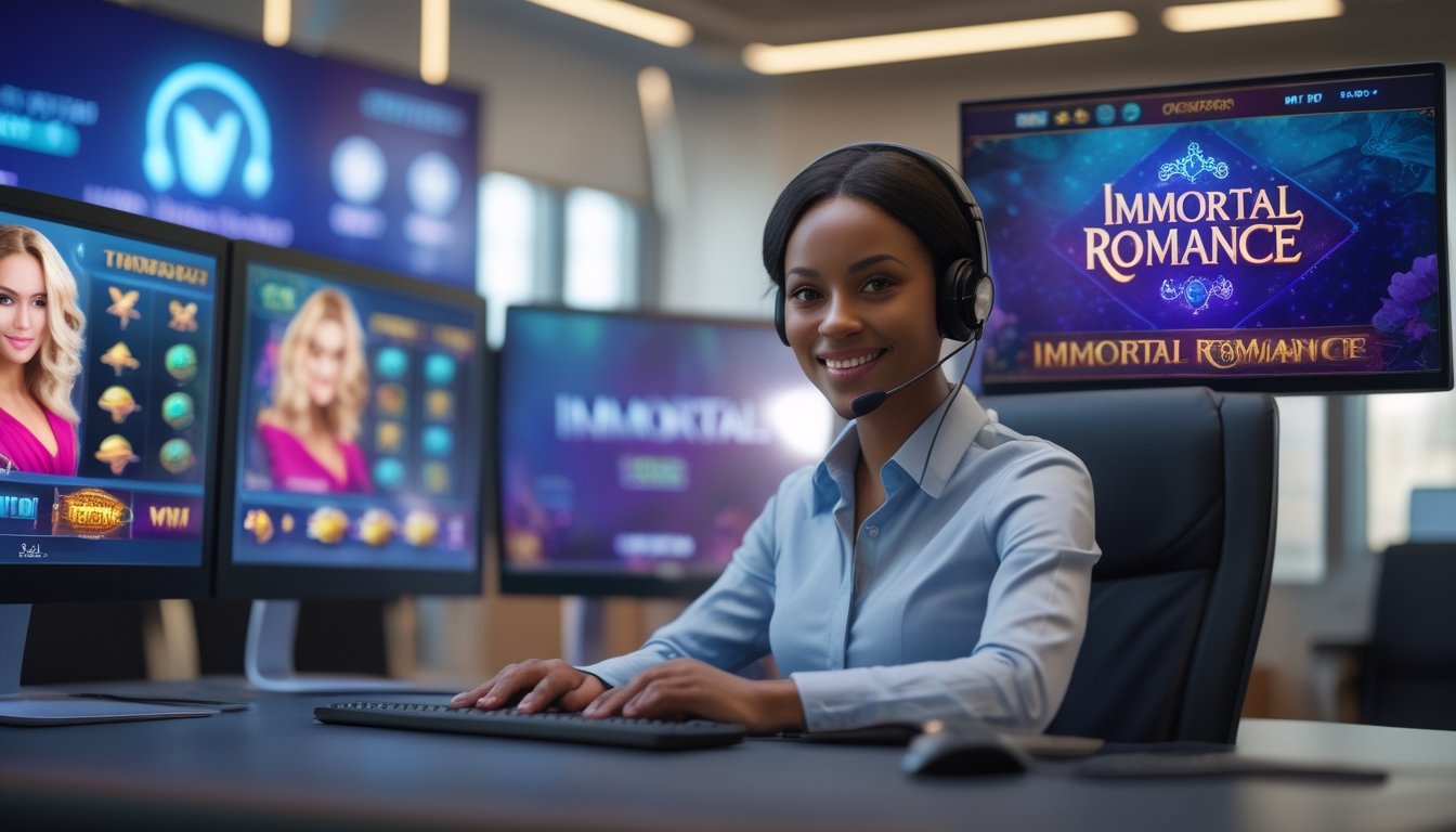 Seorang perwakilan layanan pelanggan yang ramah sedang bekerja di meja dengan beberapa monitor komputer yang menampilkan grafis permainan slot Immortal Romance di kantor agen terpercaya.