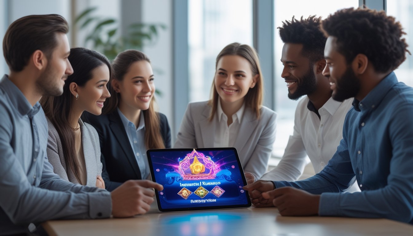 Sekelompok orang sedang berdiskusi dengan tablet digital yang menampilkan grafik permainan slot berwarna-warni di sebuah kantor modern.