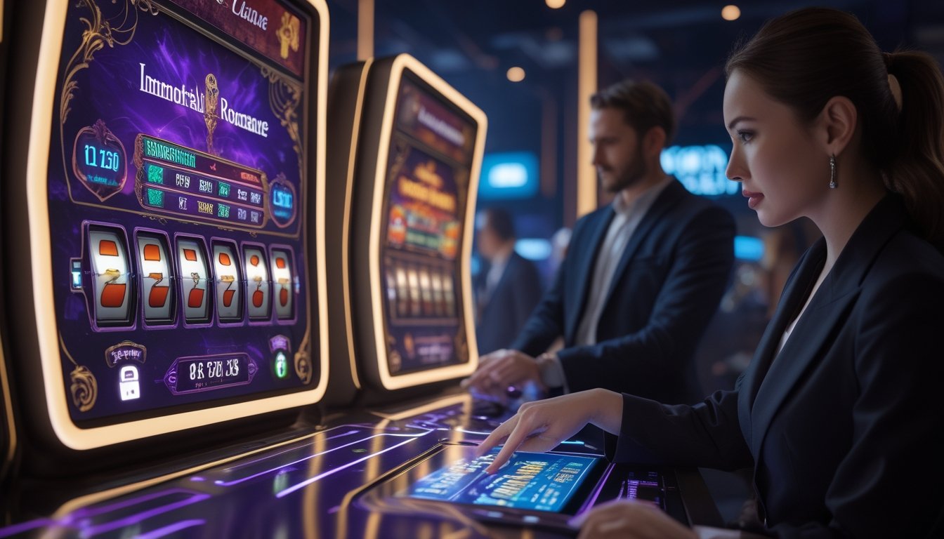 Seorang individu berpenampilan profesional sedang menggunakan antarmuka digital di kasino modern dengan mesin slot bertema roman vampir di latar belakang.