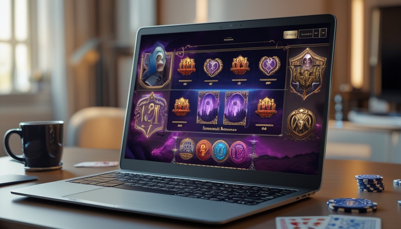 Sebuah meja dengan komputer yang menampilkan permainan slot online bertema romantisme abadi, dikelilingi oleh kartu remi dan chip poker.
