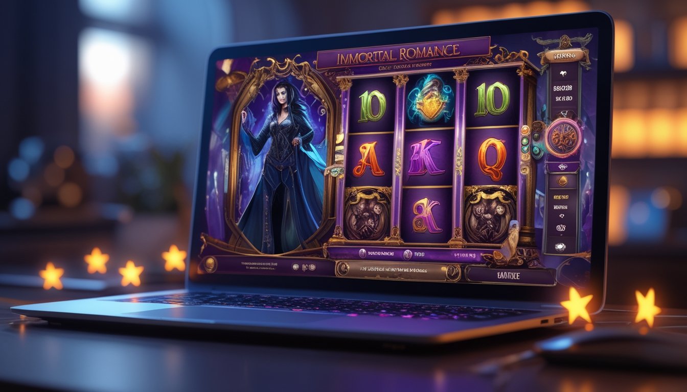 Layar komputer menampilkan permainan slot dengan tema gothic vampir, dikelilingi oleh ikon reputasi dan ulasan pengguna.