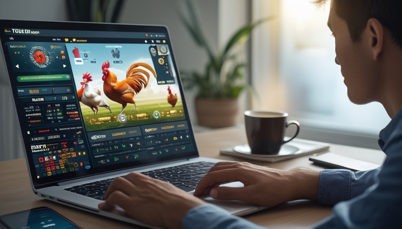 Seorang pria muda menggunakan laptop di ruang kerja modern dengan layar menampilkan grafik dan ilustrasi ayam aduan digital.