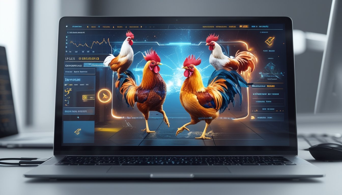 Sebuah komputer menampilkan platform antarmuka sabung ayam online dengan gambar ayam jago bertarung dan elemen digital di sekitarnya.