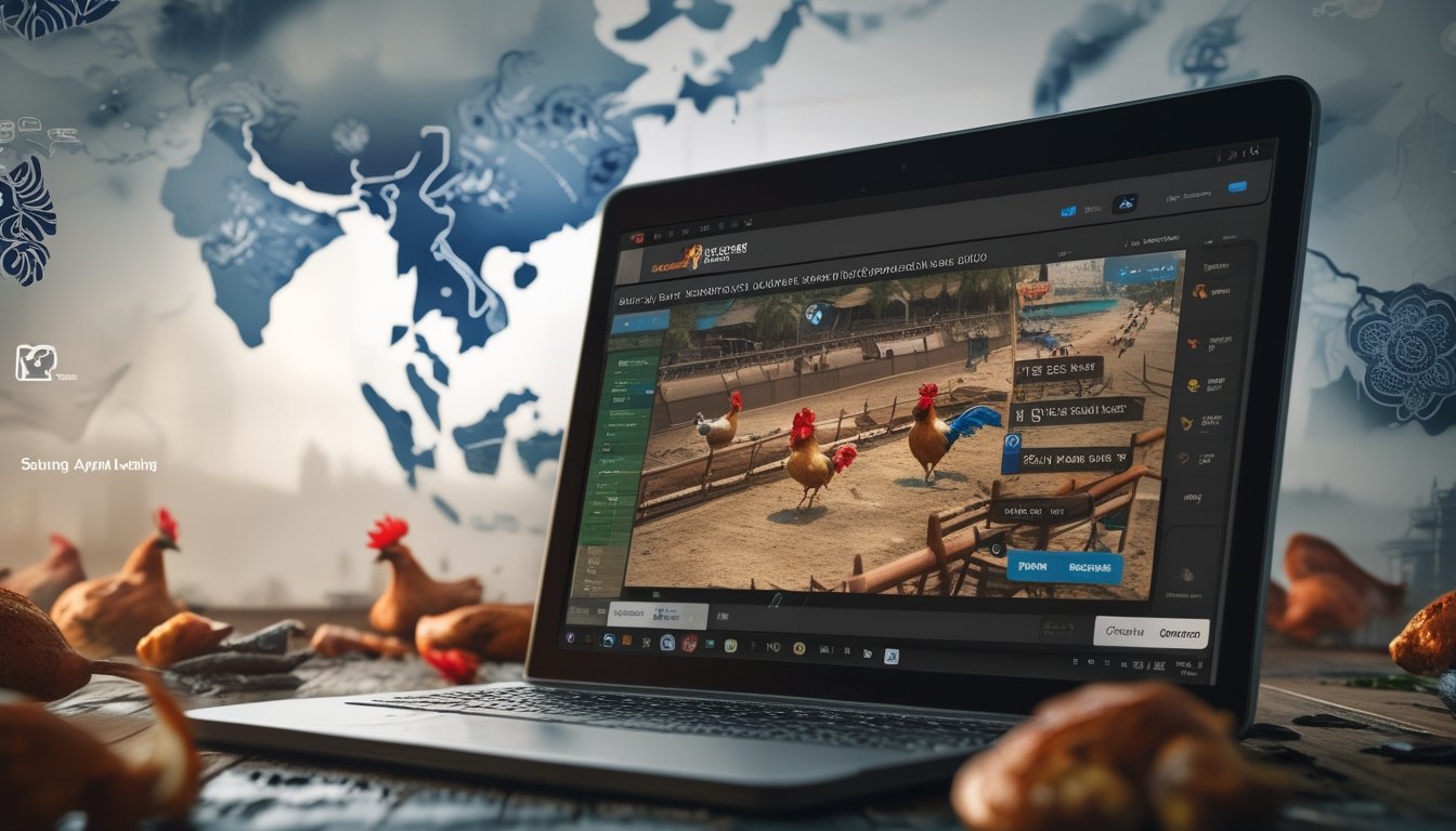 Sebuah laptop yang menampilkan pertandingan sabung ayam online dengan latar belakang elemen budaya Asia Tenggara.