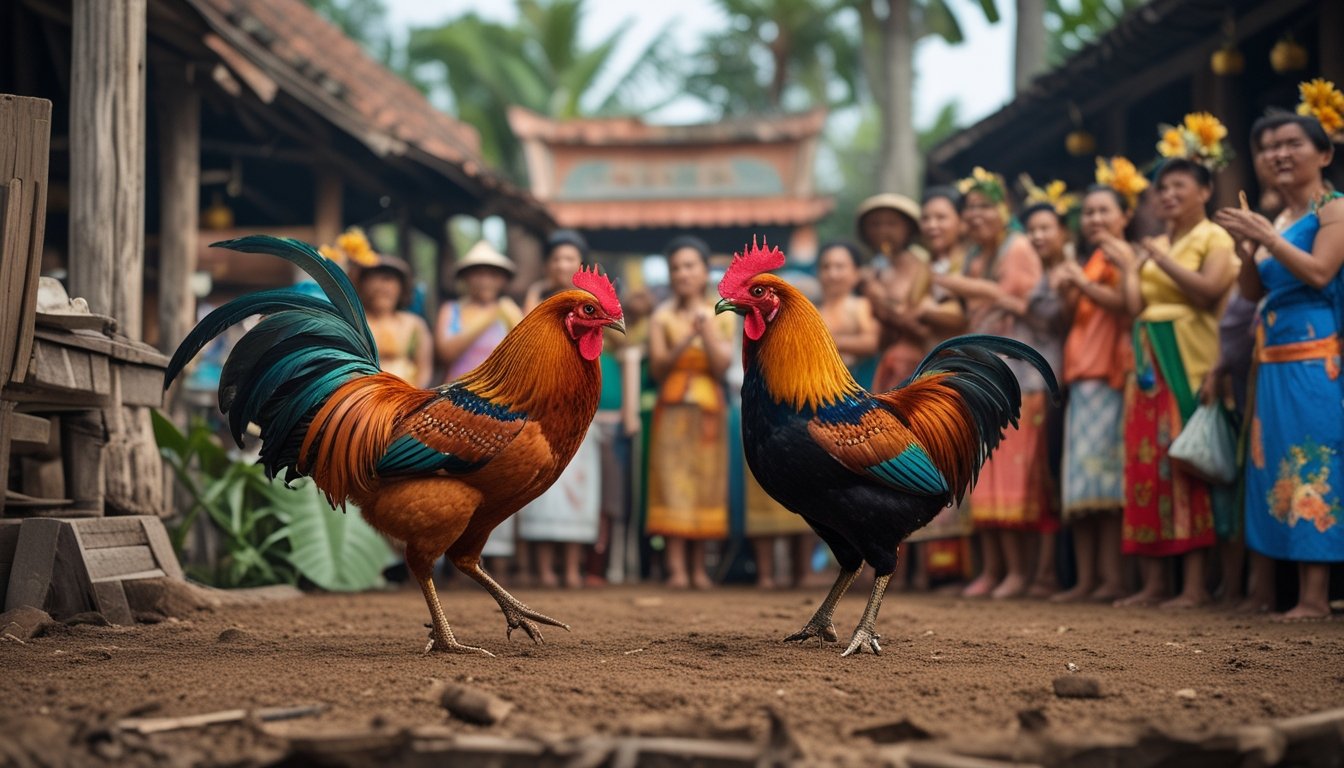 Dua ayam jago sedang bertarung di arena tradisional dengan orang-orang yang menonton di sekitarnya di luar ruangan di Asia Tenggara.