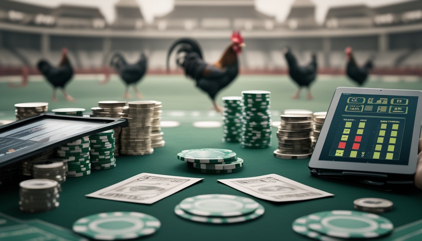 Meja taruhan dengan slip taruhan, chip, dan tablet digital menampilkan grafik odds, dengan latar belakang arena sabung ayam yang samar.