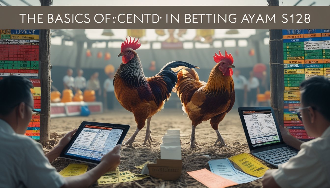 Arena sabung ayam dengan dua ayam jago bertarung dan penonton yang memperhatikan taruhan dan peluang.