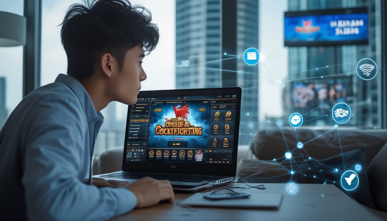 Seorang pria muda sedang menggunakan laptop di ruang tamu modern dengan latar belakang kota, fokus pada permainan sabung ayam online di layar komputer.