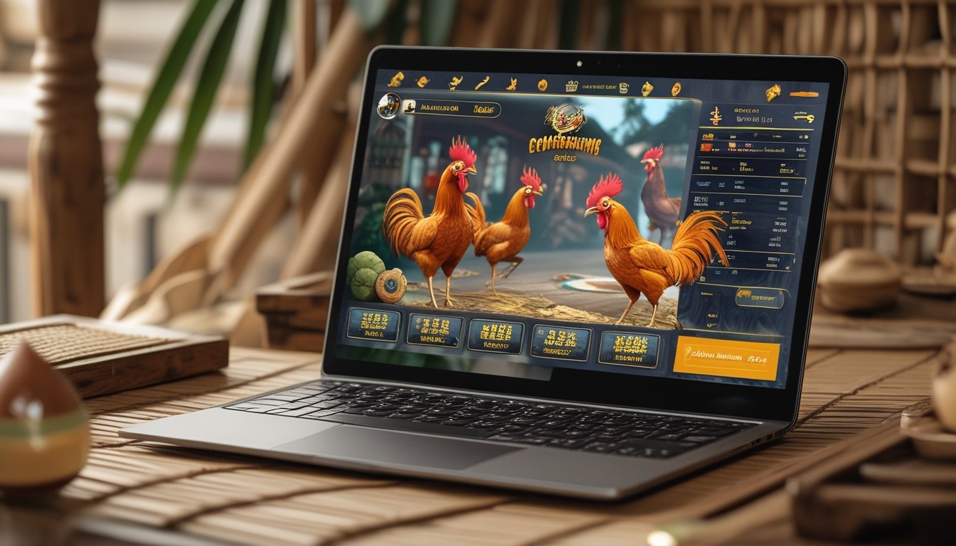 Sebuah perangkat digital menampilkan permainan sabung ayam online dengan latar belakang elemen tradisional seperti papan kayu dan tikar anyaman.
