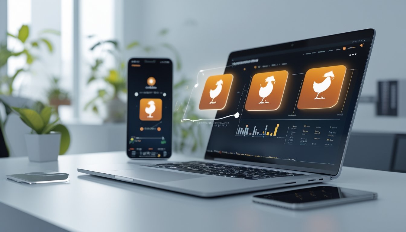 Meja kerja dengan laptop dan smartphone yang menampilkan ikon ayam aduan digital, dengan elemen grafik perbandingan di sekitar perangkat.