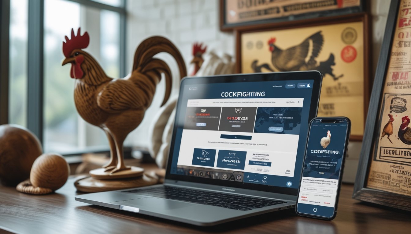 Meja kerja dengan laptop dan ponsel yang menampilkan situs sabung ayam online, di latar belakang terdapat figur ayam kayu dan poster tradisional.