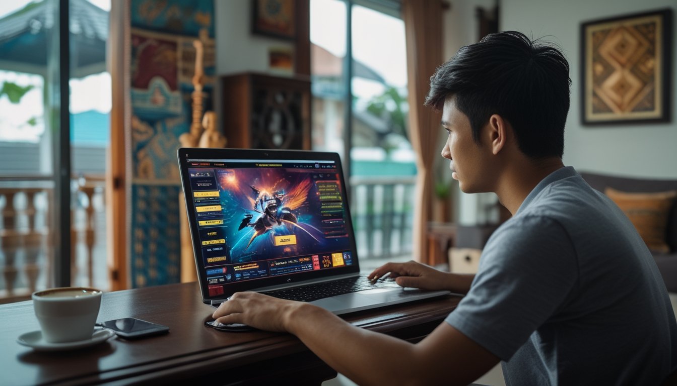 Seorang pria muda di ruang tamu sedang fokus menggunakan laptop dengan dekorasi tradisional Indonesia di sekitar.