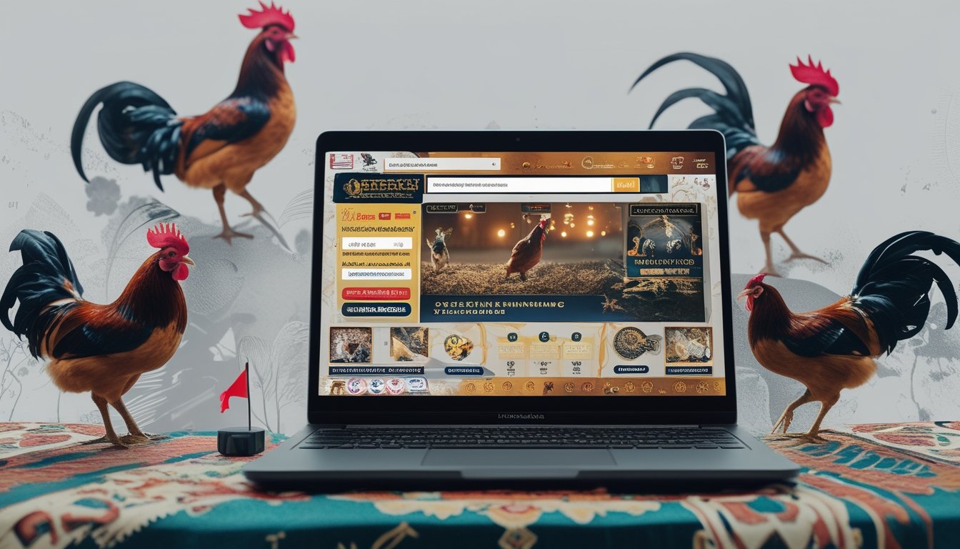 Seseorang menggunakan laptop yang menampilkan platform sabung ayam online dengan elemen budaya Indonesia di sekitar.