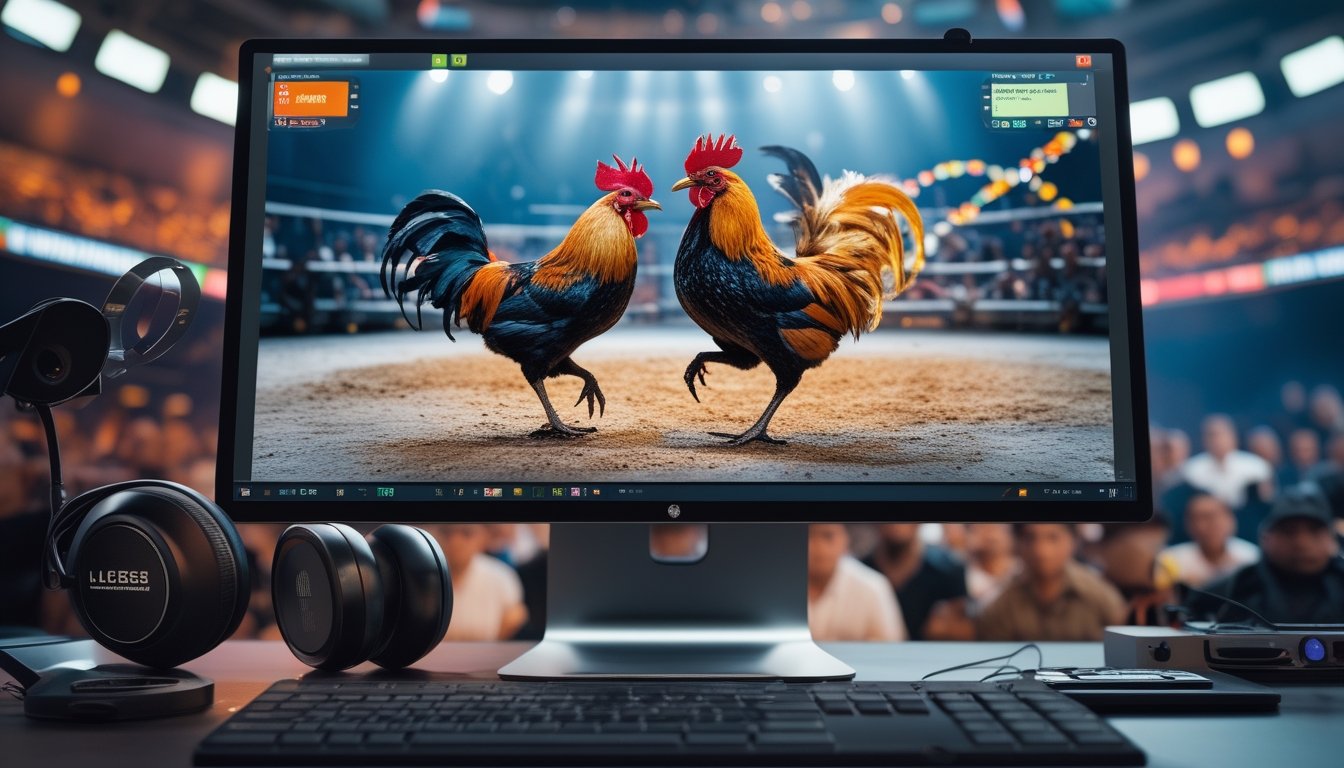 Sebuah meja dengan komputer dan peralatan streaming yang menampilkan pertandingan sabung ayam dengan dua ayam bertarung di layar.