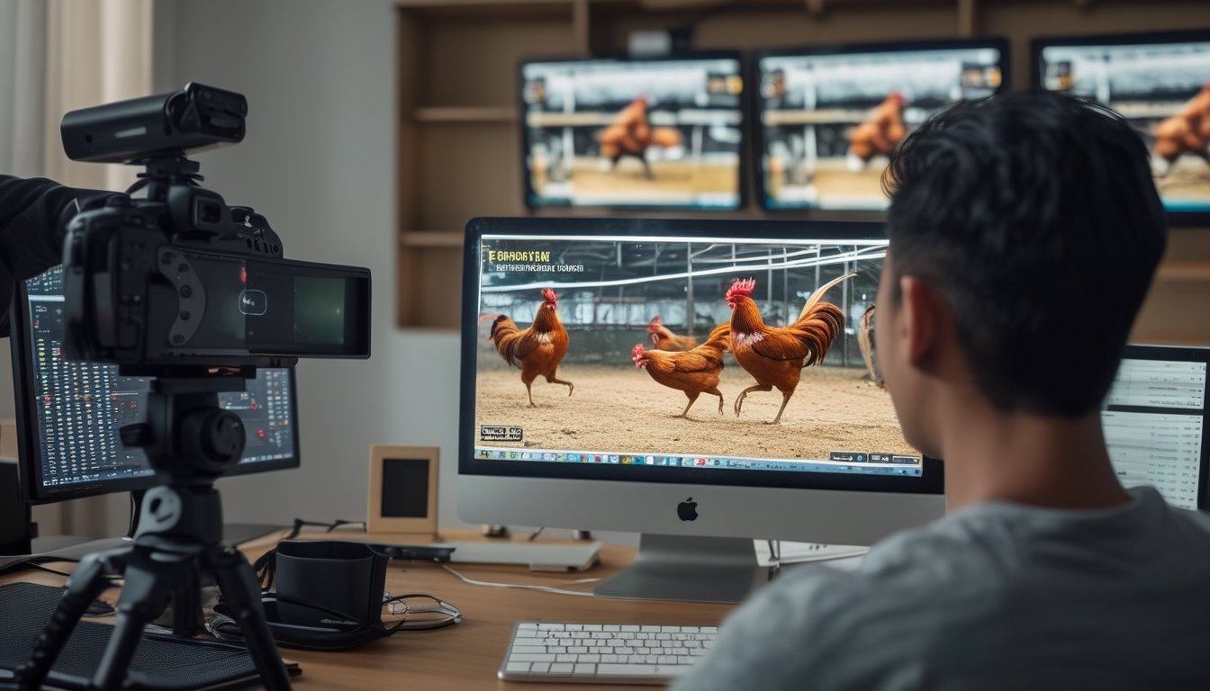 Seorang pria sedang menonton siaran langsung pertandingan sabung ayam di depan komputer dengan beberapa layar menampilkan ayam bertarung.