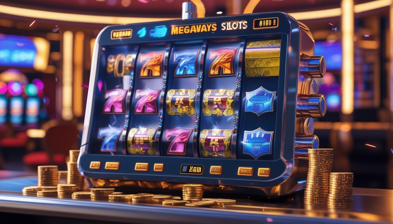 Mesin slot modern dengan simbol berwarna-warni di latar kasino mewah dengan tumpukan koin dan chip, suasana kemenangan besar.