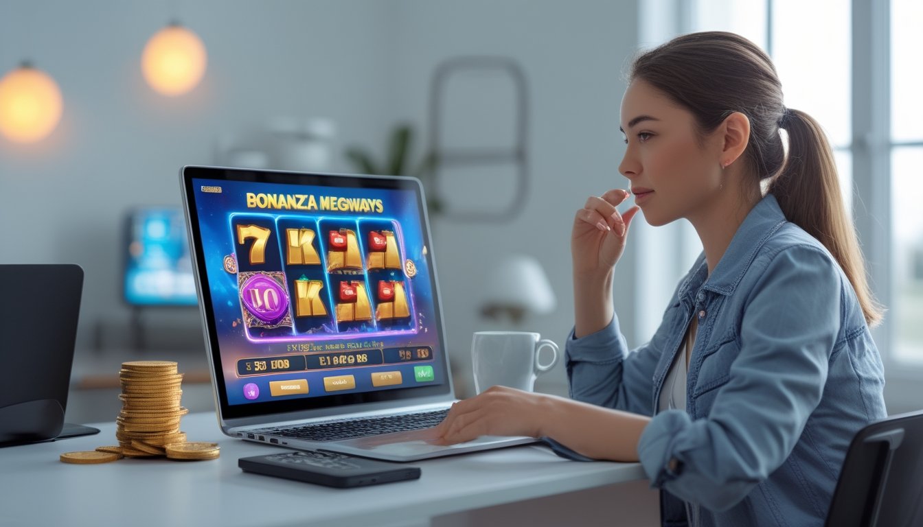 Seorang pemain muda duduk di depan laptop yang menampilkan permainan slot online, terlihat fokus dan serius memilih platform slot yang tepat.