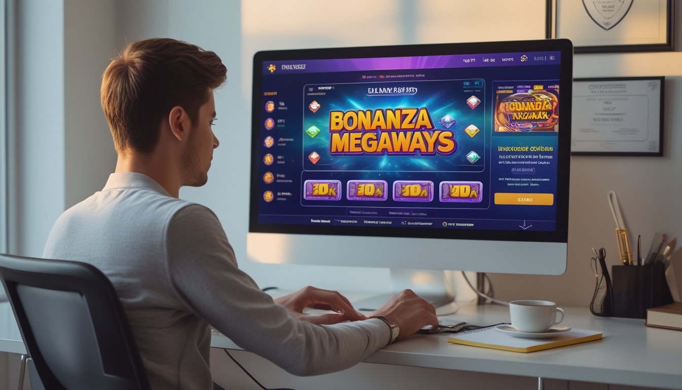 Seorang pria muda duduk di meja dengan laptop, fokus bermain permainan slot online, dikelilingi oleh suasana yang nyaman dan profesional.