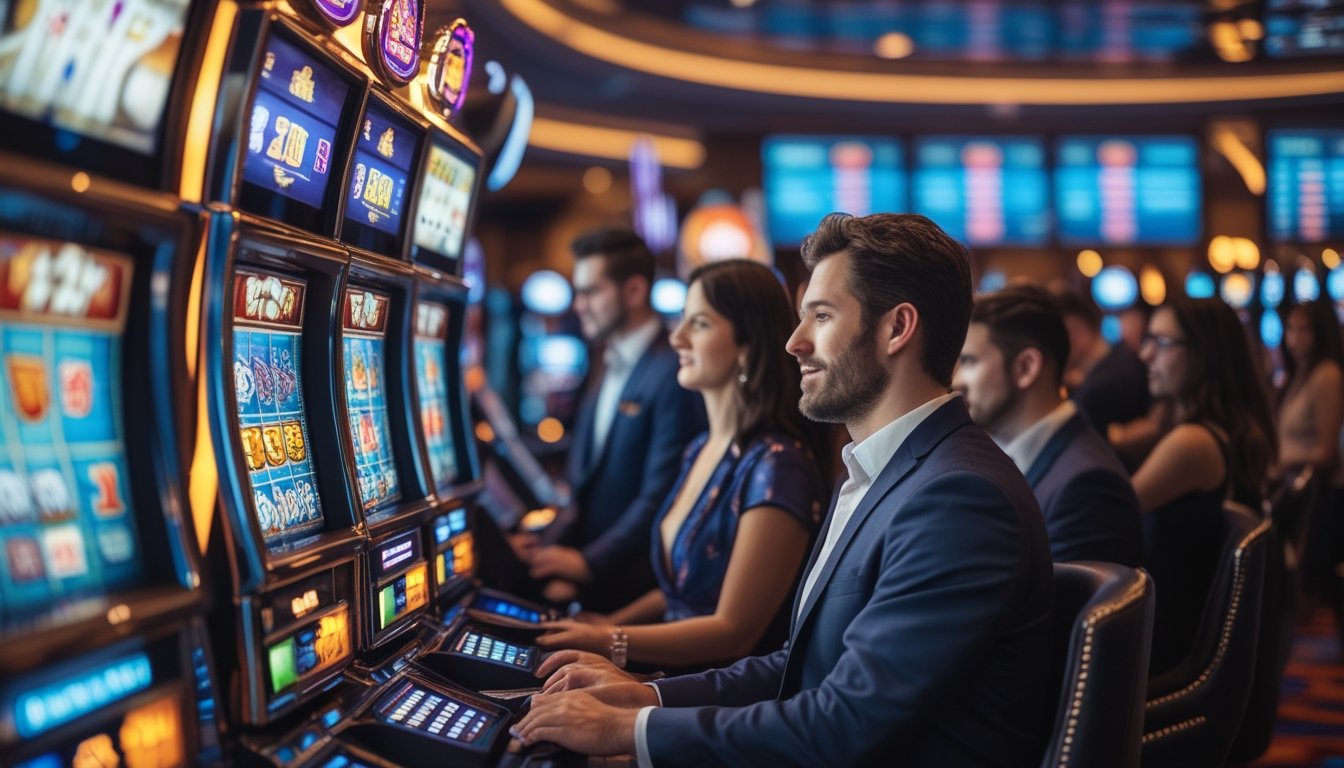 Orang-orang bermain mesin slot di kasino dengan suasana cerah dan penuh semangat.