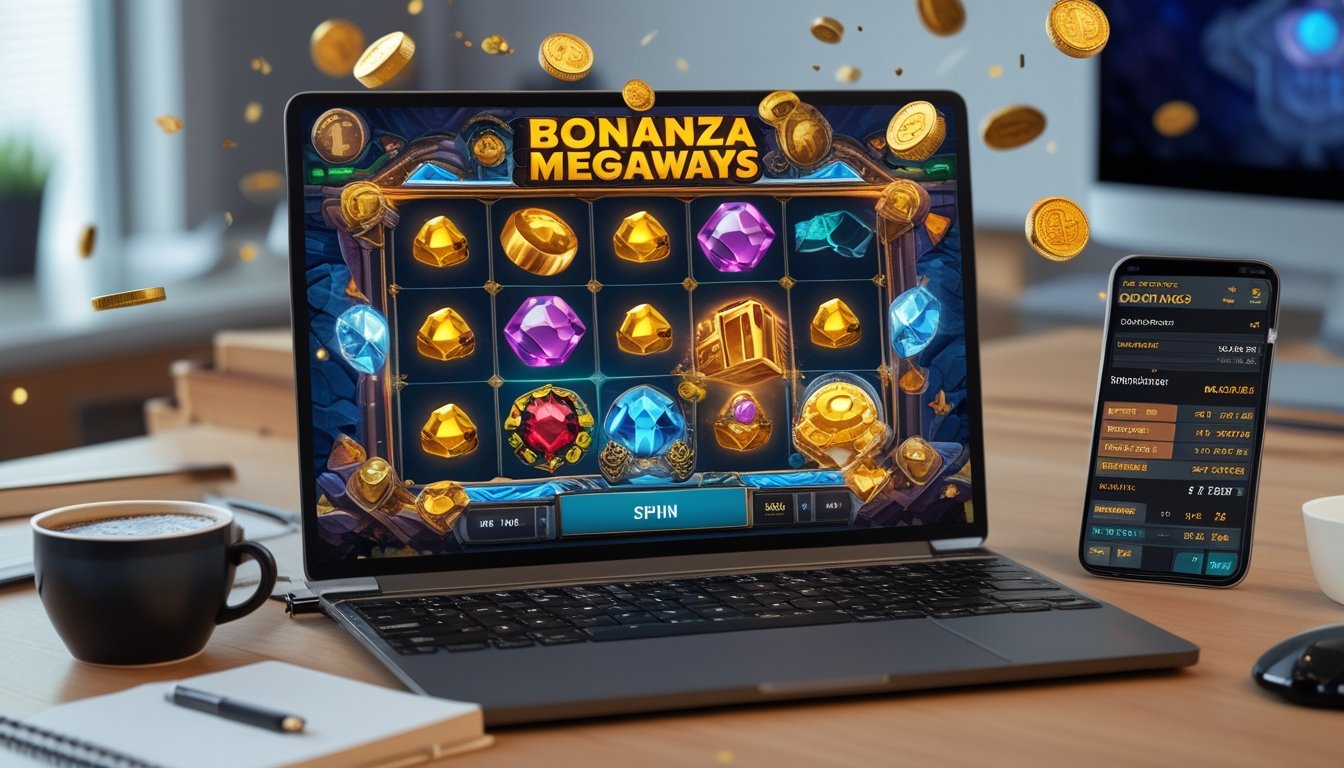 Seorang pemain sedang menggunakan komputer dengan permainan slot online bertema Bonanza Megaways, dikelilingi oleh catatan strategi dan perangkat pendukung lainnya.