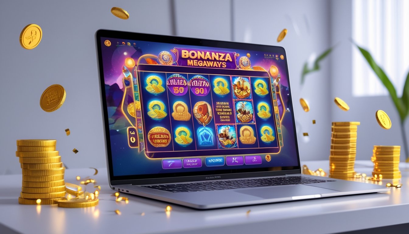 Seorang pengguna sedang bermain mesin slot online di laptop dengan latar belakang elemen koin dan hadiah yang bersinar.