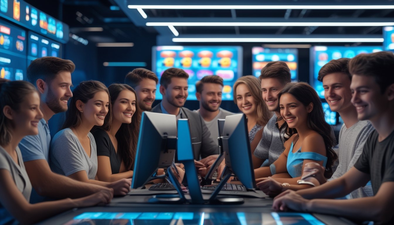 Sekelompok orang muda sedang bermain game slot online dengan layar komputer menampilkan permainan slot berwarna-warni di ruangan modern yang terang.