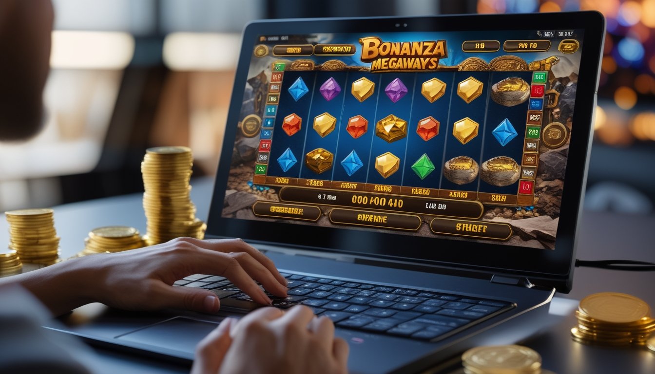 Seseorang bermain permainan slot Bonanza Megaways di komputer dengan tumpukan chip dan koin emas di sekitar.