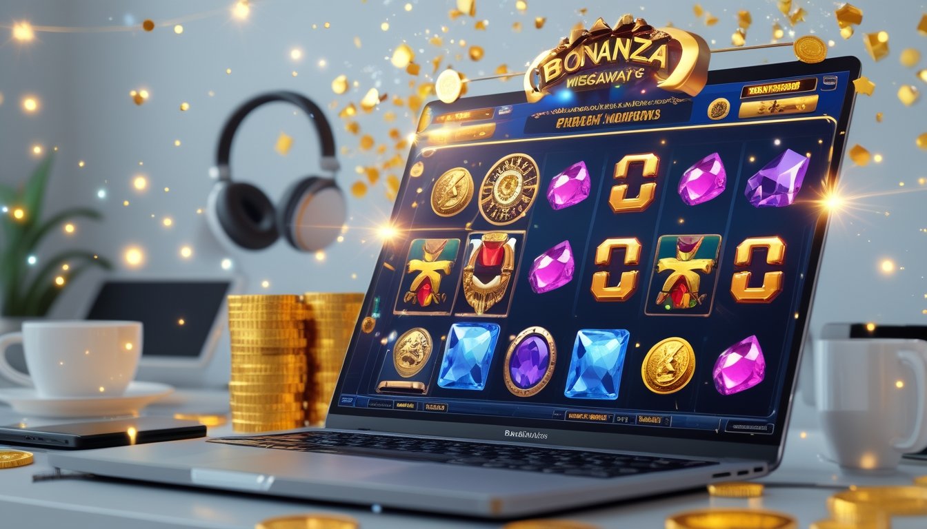 Seorang pemain sedang menggunakan komputer dengan tampilan permainan slot Bonanza Megaways yang penuh warna, dikelilingi oleh koin emas dan peralatan permainan di meja kerja.