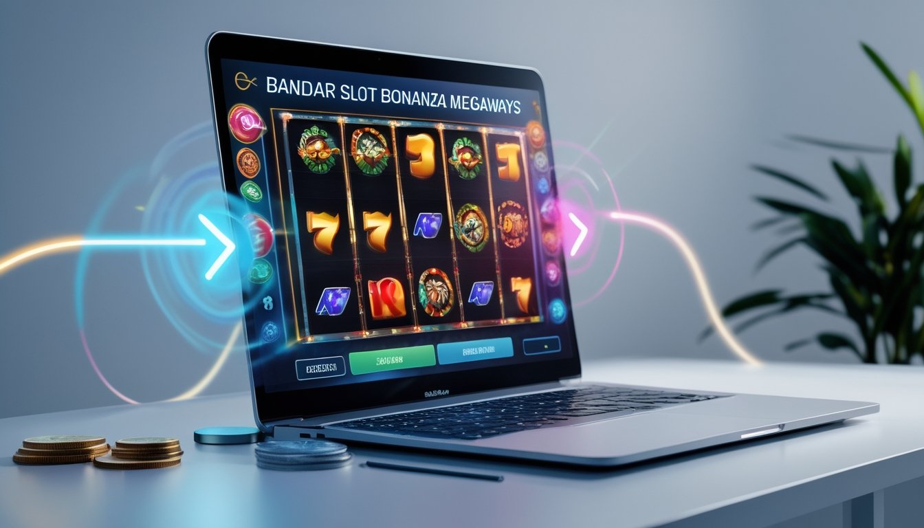 Layar perangkat digital menampilkan permainan mesin slot berwarna-warni dengan simbol dinamis, dikelilingi oleh elemen yang menunjukkan transaksi cepat dan proses deposit yang mudah.