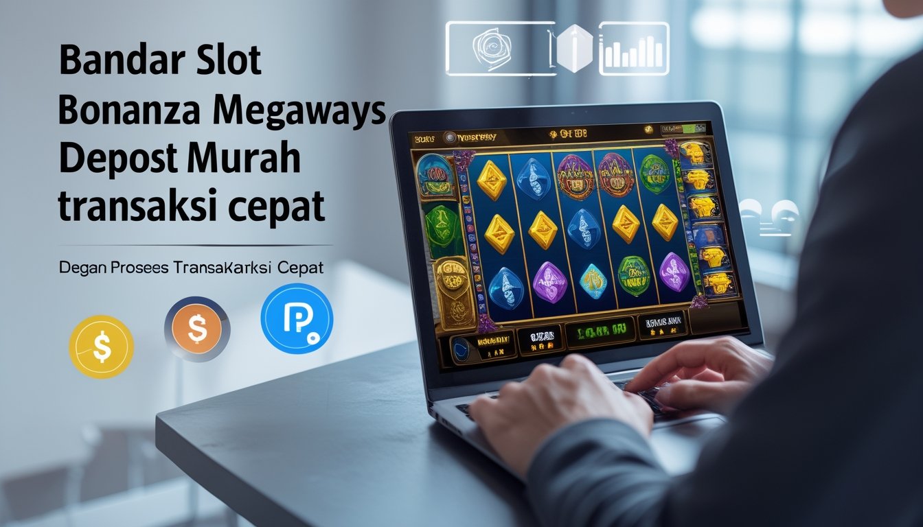 Seseorang menggunakan laptop atau ponsel dengan tampilan permainan slot online dan simbol transaksi cepat di sekitar perangkat.