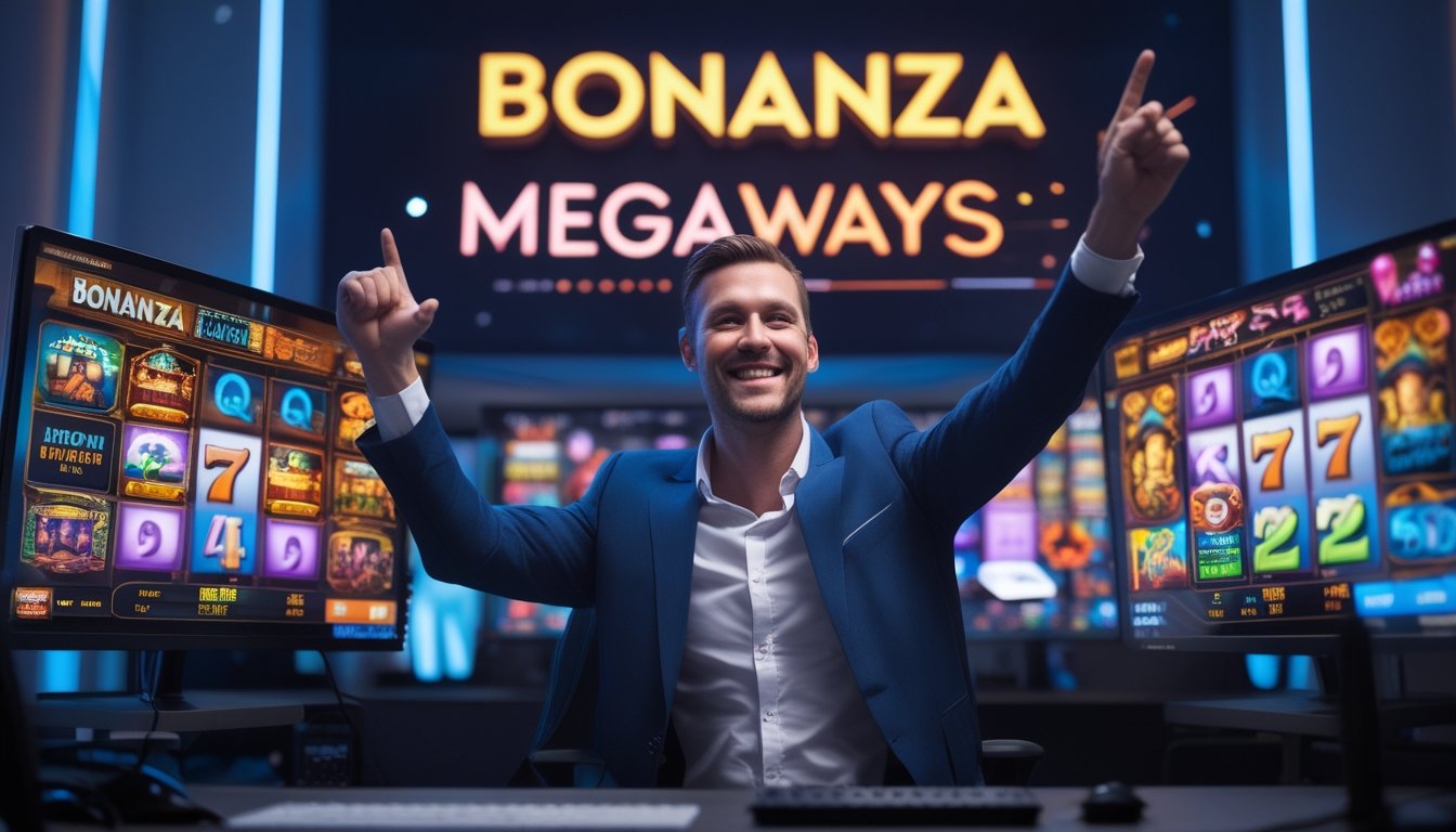 Seorang pria tersenyum dan mengangkat tangan sambil duduk di depan beberapa monitor yang menampilkan permainan slot online.
