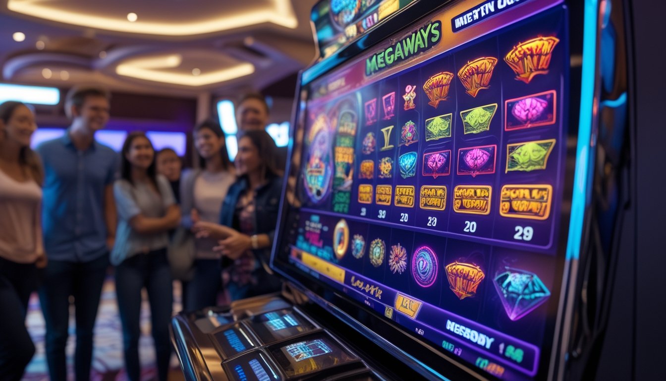 Orang-orang sedang bermain mesin slot digital dengan simbol warna-warni di kasino modern.