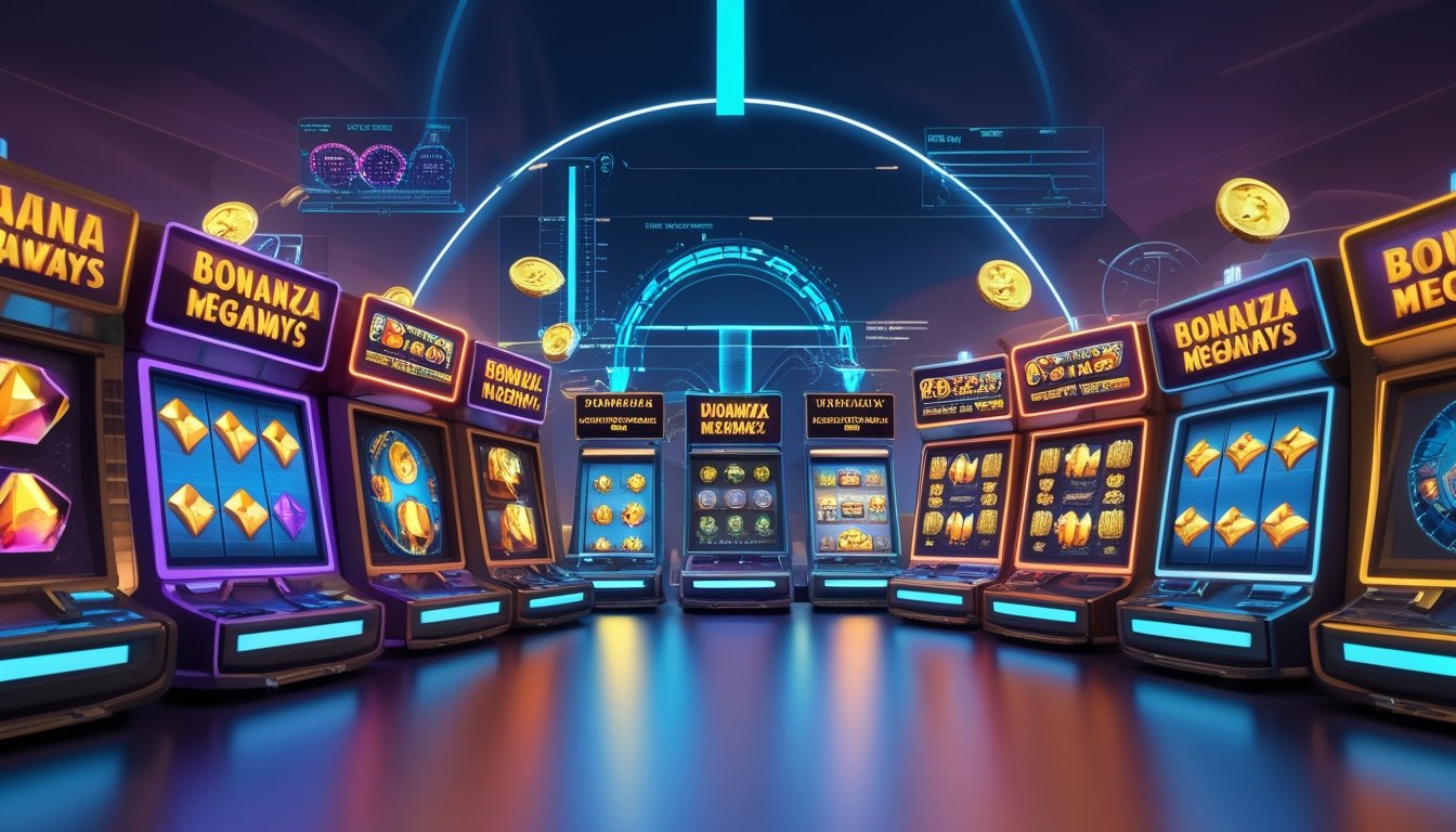 Beberapa layar mesin slot online berwarna-warni dengan simbol bertema Bonanza Megaways, menampilkan suasana kasino digital yang modern dan dinamis.