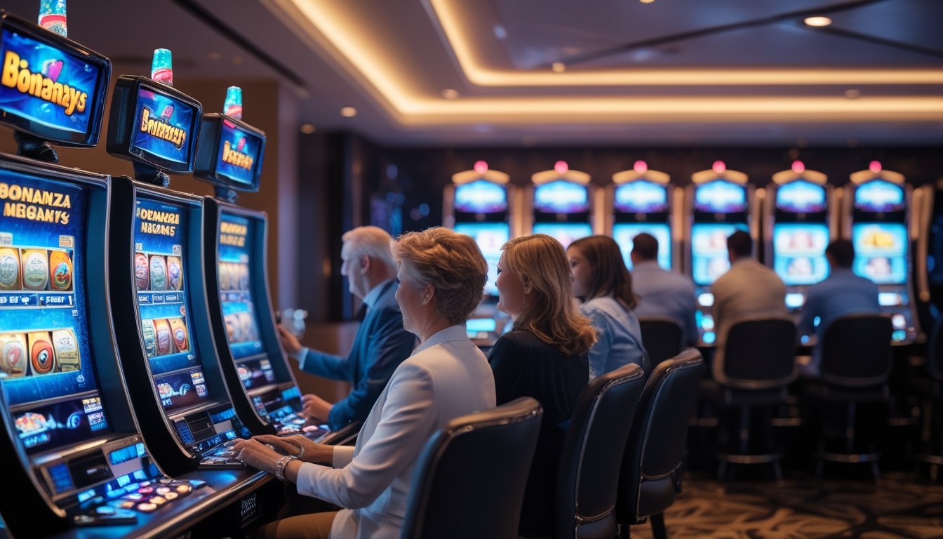 Beberapa orang dewasa bermain mesin slot di kasino modern dengan mesin slot berwarna cerah dan suasana yang terang dan profesional.