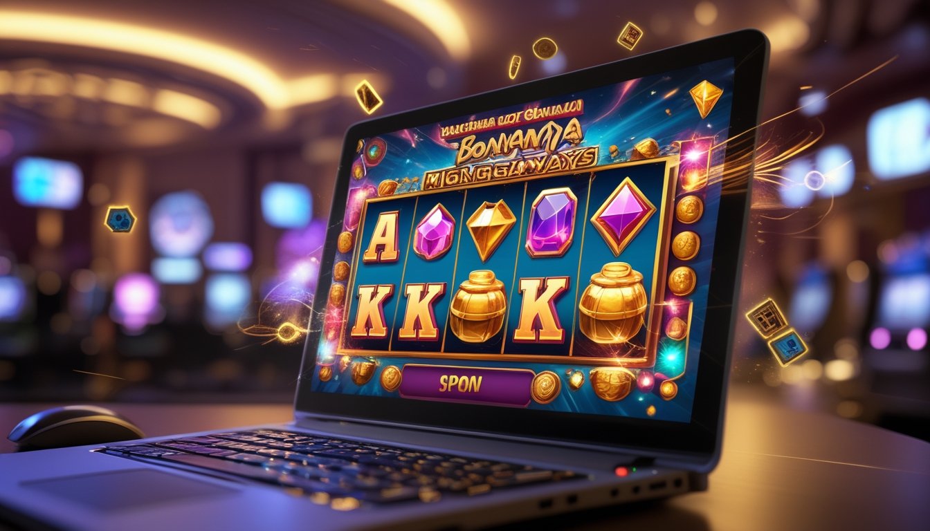 Layar komputer menampilkan permainan slot online dengan simbol warna-warni dan latar belakang suasana kasino yang hangat dan menarik.