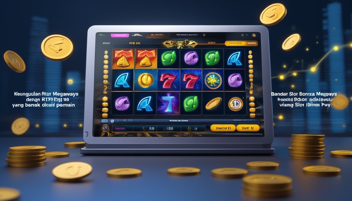 Sebuah layar komputer menampilkan permainan slot online dengan simbol berwarna-warni dan elemen visual koin serta grafik naik di latar belakang lingkungan kasino modern.