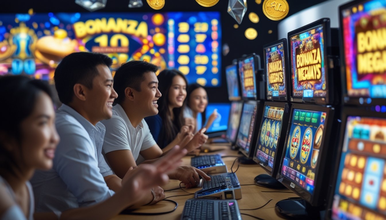 Sekelompok orang sedang bermain game slot online dengan layar komputer yang menampilkan grafik permainan warna-warni di ruangan modern.