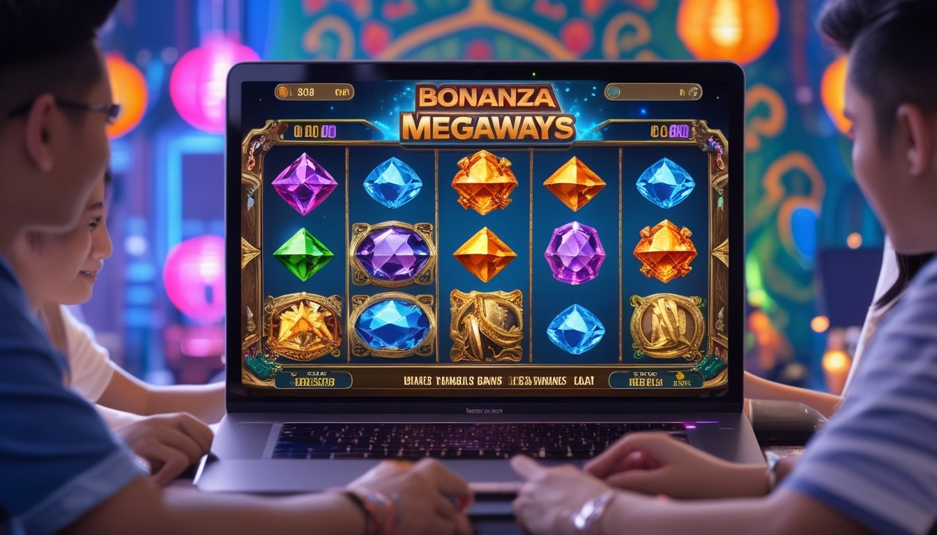 Orang-orang bermain slot online dengan latar belakang simbol mesin slot berwarna-warni dan elemen budaya Indonesia.
