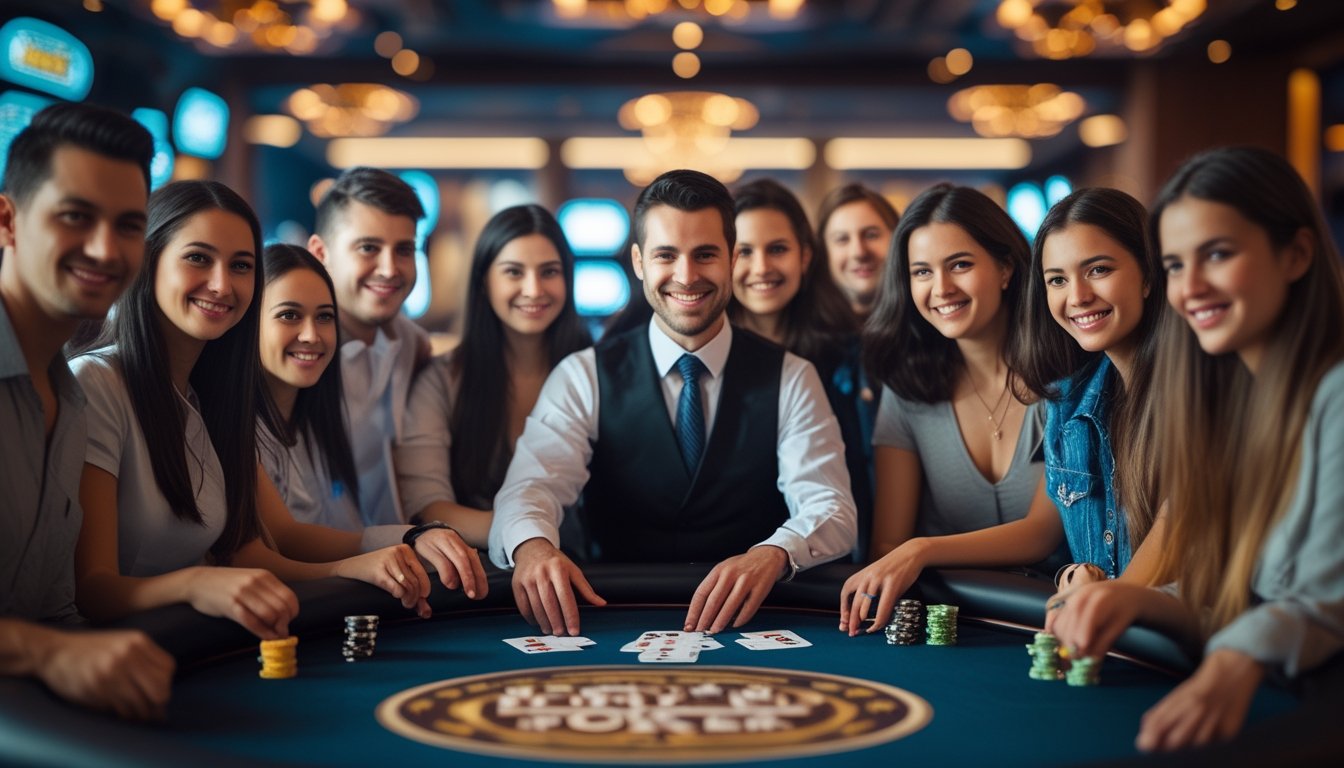 Seorang dealer tersenyum di meja poker dengan tiga kartu dan pemain pemula yang antusias di kasino.
