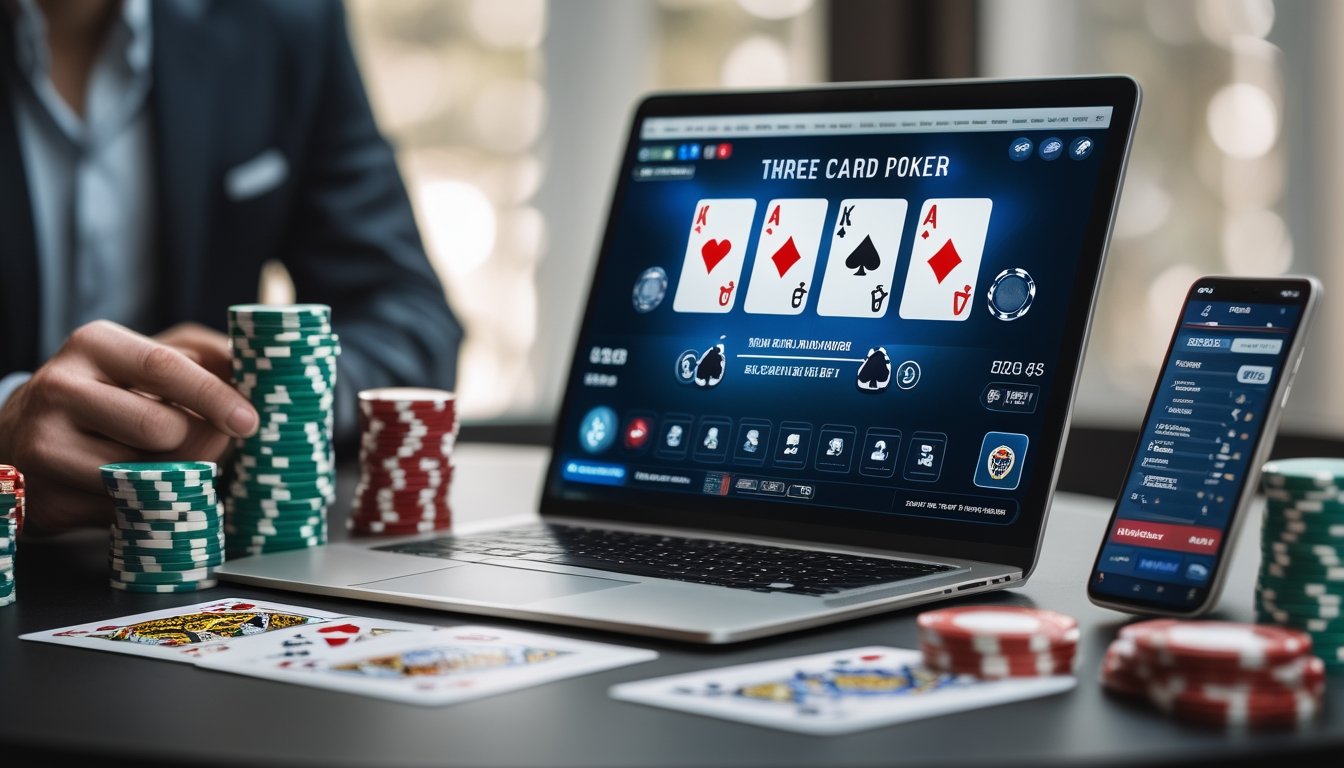 Sebuah laptop dengan permainan Three Card Poker online, dikelilingi oleh chip poker dan kartu, menunjukkan suasana permainan judi online yang profesional dan terpercaya.