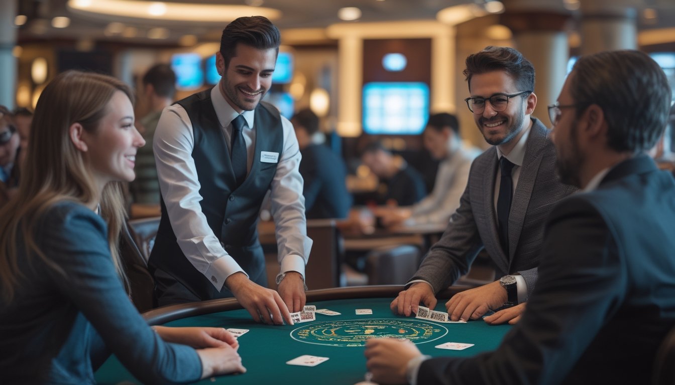 Seorang dealer dan beberapa pemain duduk di meja Three Card Poker di dalam kasino yang mewah dan terang.