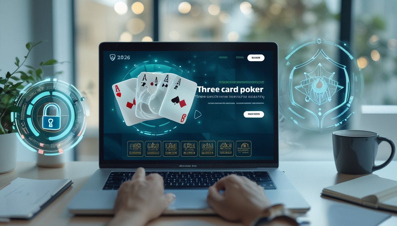 Seorang profesional menggunakan laptop yang menampilkan permainan Three Card Poker dengan simbol keamanan seperti perisai dan kunci di meja kerja yang rapi.