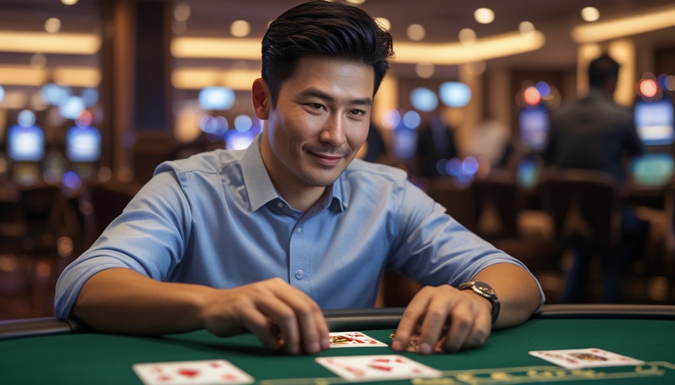 Seorang pria Asia bermain Three Card Poker di meja kasino dengan kartu terbuka di depannya, terlihat fokus dan percaya diri.
