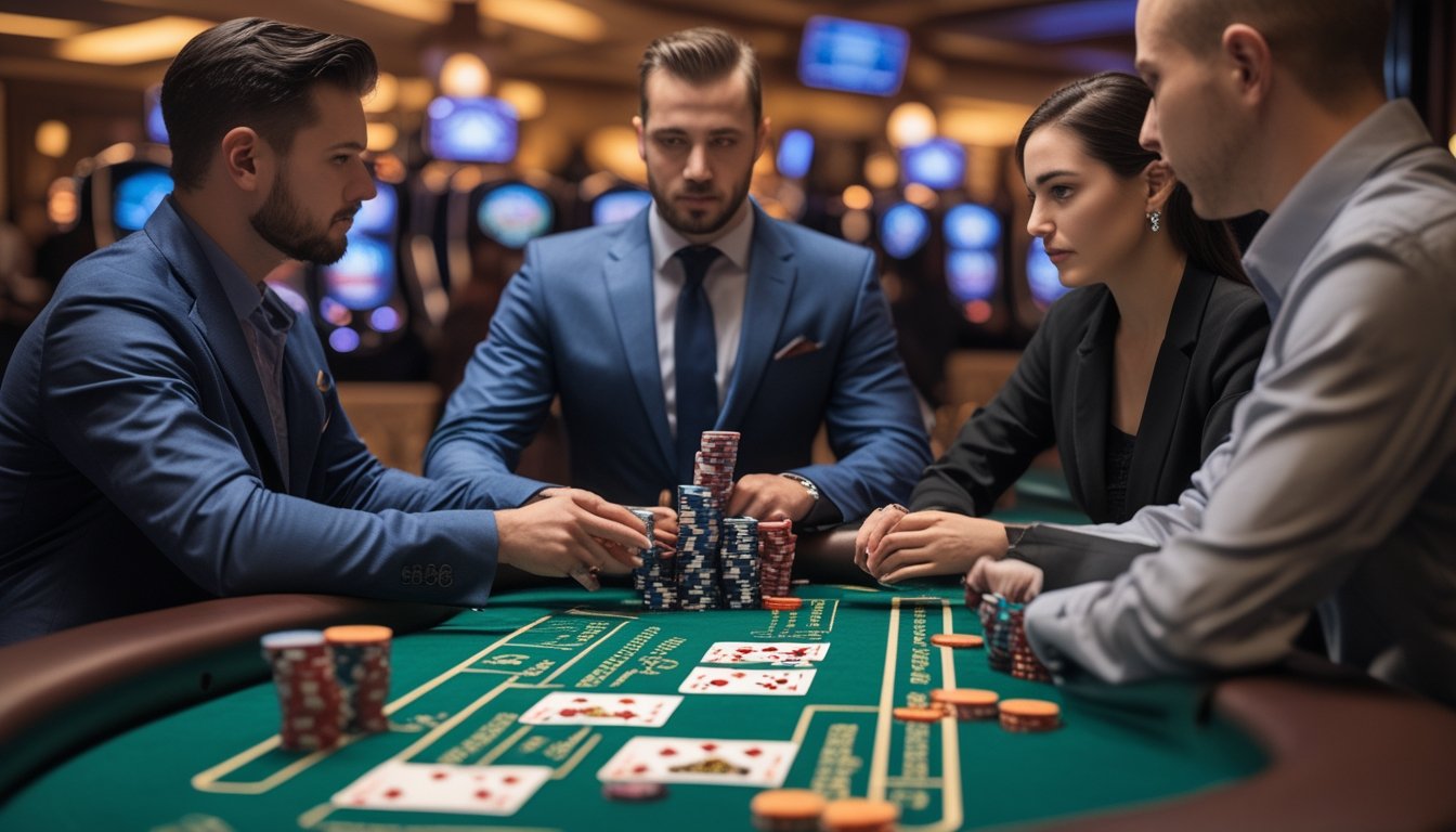 Meja poker dengan kartu tiga kartu dan chip, dealer dan dua pemain sedang bermain di kasino.