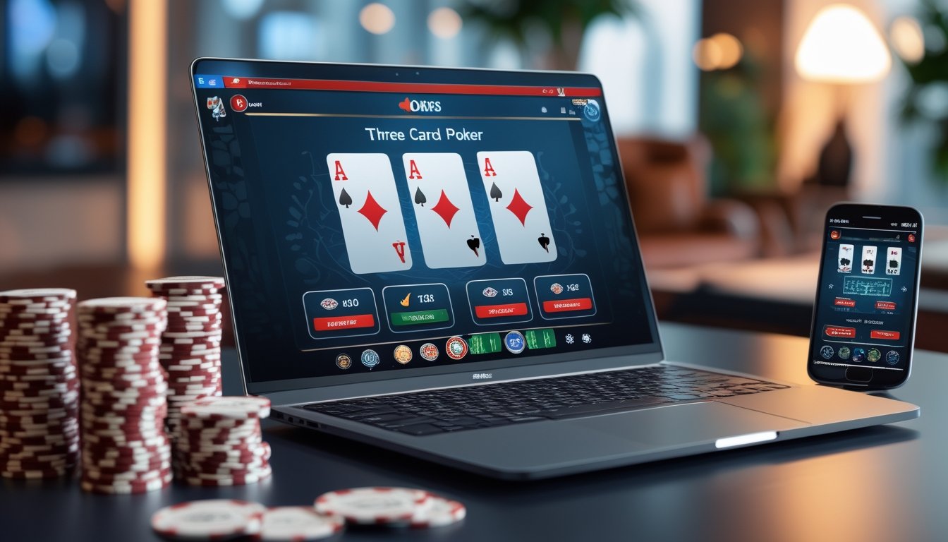 Sebuah meja dengan laptop menampilkan permainan Three Card Poker online, dikelilingi chip poker dan ponsel, suasana nyaman dan profesional.