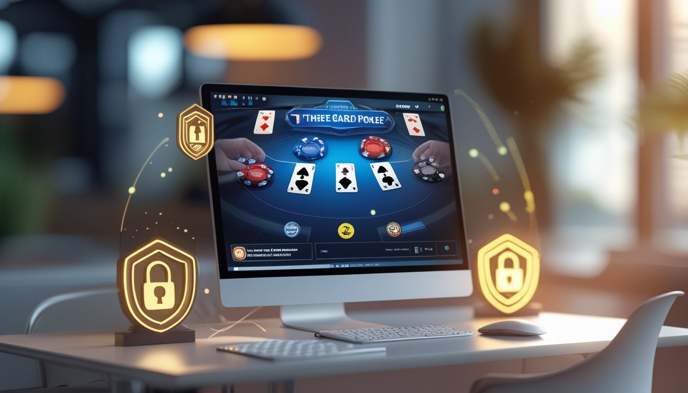 Seorang pemain menggunakan komputer dengan permainan Three Card Poker online yang ditampilkan di layar dalam suasana yang profesional dan terpercaya.