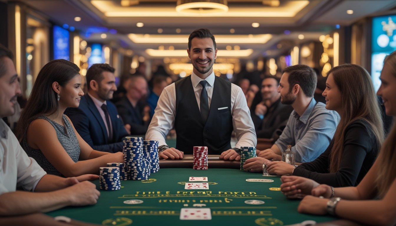 Seorang dealer dan beberapa pemain sedang bermain Three Card Poker di meja kasino dengan suasana yang ramai dan cerah.